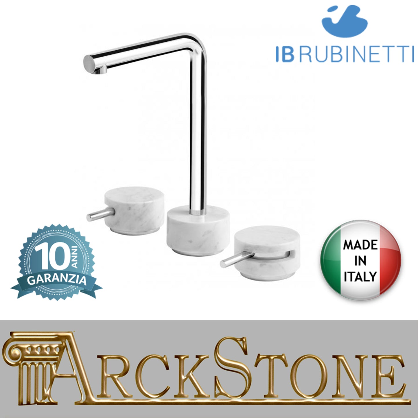 Miscelatore lavabo tre fori bocca alta marmo bianco Carrara marca IB rubinetti modello Marmo L rubinetteria rubinetto ottone cromato bagno fontana finitura cromo rivenditore autorizzato campania arredamento garanzia 10 anni made in italy azienda
