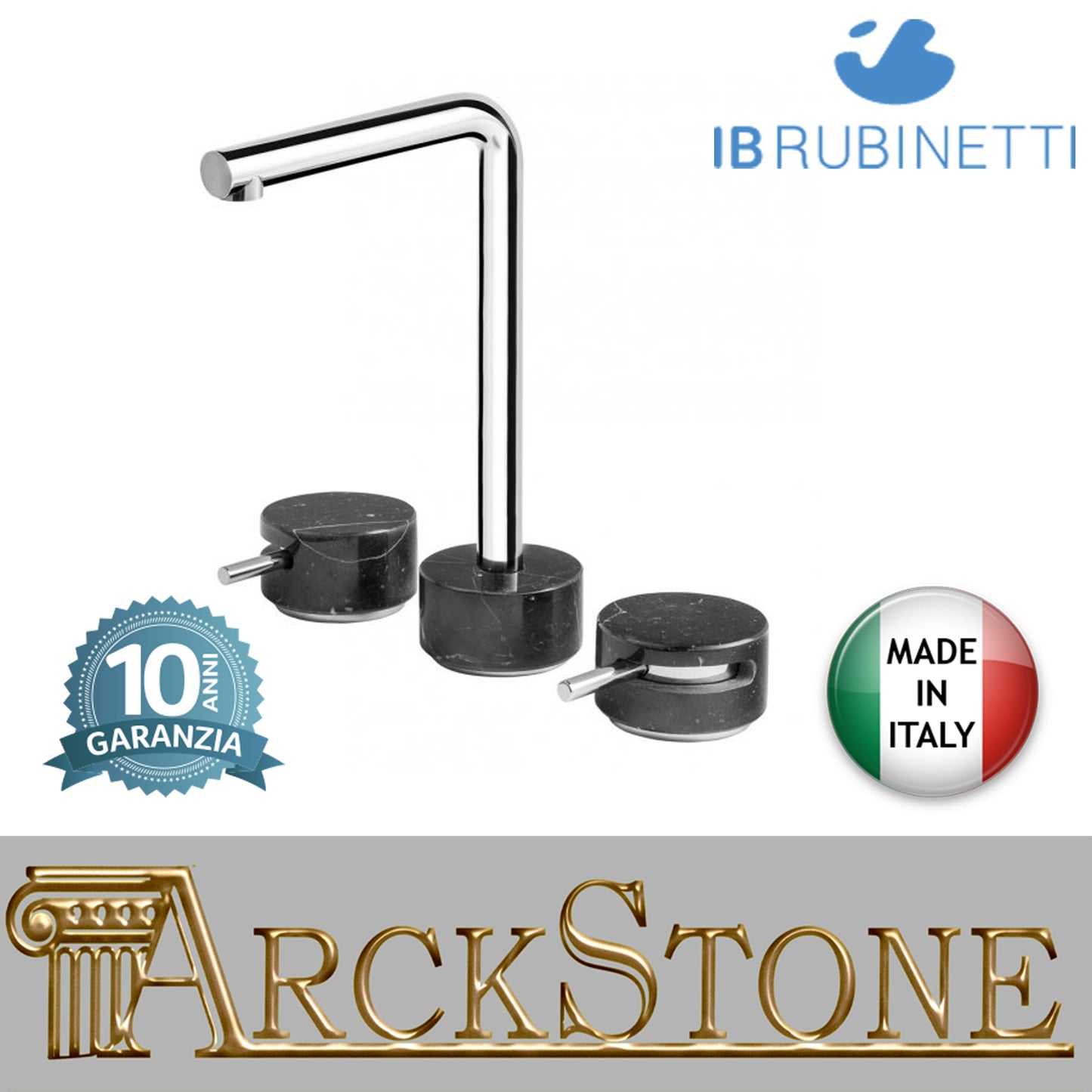 Miscelatore lavabo tre fori bocca alta marmo nero Marquina marca IB rubinetti modello Marmo L rubinetteria rubinetto ottone cromato bagno fontana finitura cromo rivenditore autorizzato campania arredamento qualità garanzia 10 anni made in italy azienda