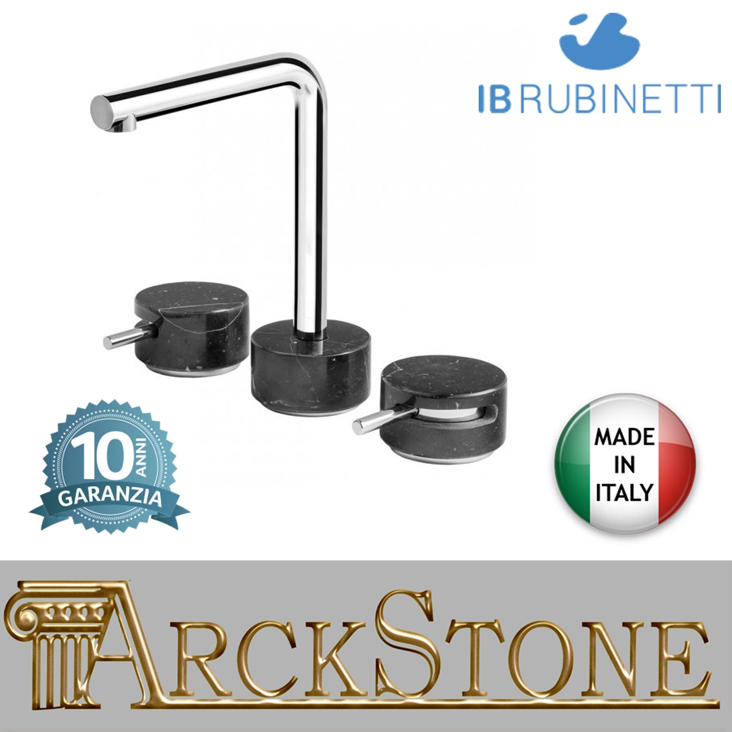 Miscelatore lavabo tre fori bocca bassa marmo nero Marquina marca IB rubinetti modello Marmo L rubinetteria rubinetto ottone cromato bagno fontana finitura cromo rivenditore autorizzato campania arredamento qualità garanzia 10 anni made in italy azienda