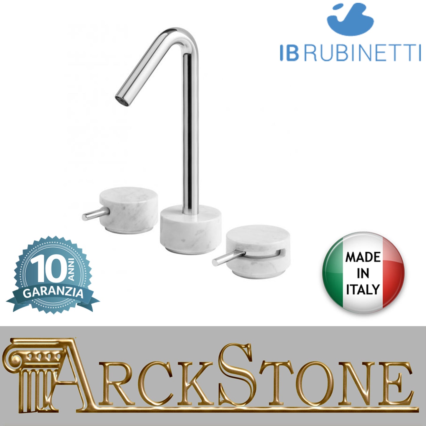 Miscelatore lavabo tre fori bocca alta marmo bianco Carrara marca IB rubinetti modello Marmo rubinetteria rubinetto ottone cromato bagno fontana finitura cromo rivenditore autorizzato campania arredamento qualità made in italy garanzia 10 anni azienda