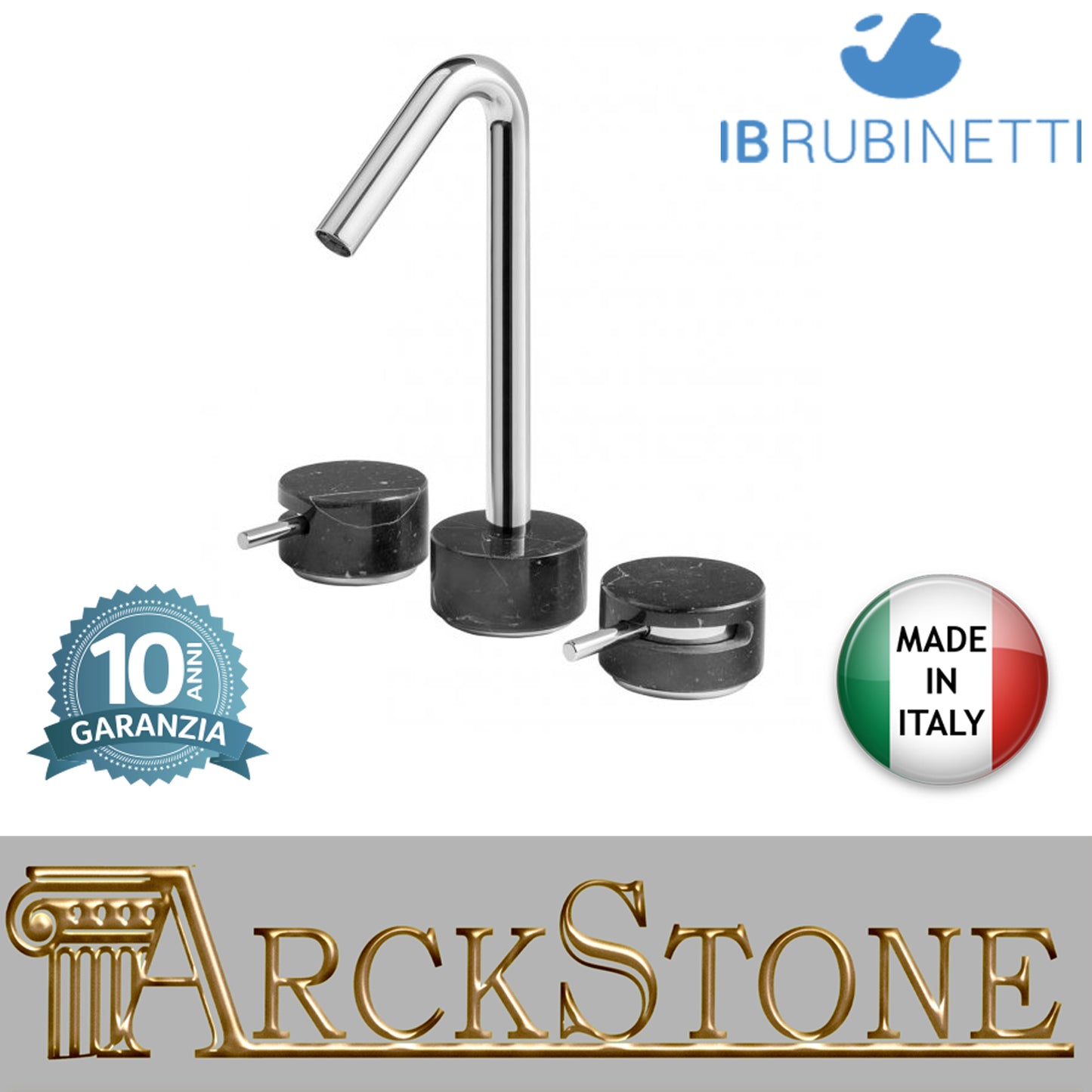 Miscelatore lavabo bocca alta tre fori marmo nero Marquina marca IB rubinetti modello Marmo rubinetteria rubinetto ottone cromato bagno fontana finitura cromo rivenditore autorizzato campania arredamento qualità garanzia 10 anni made in italy