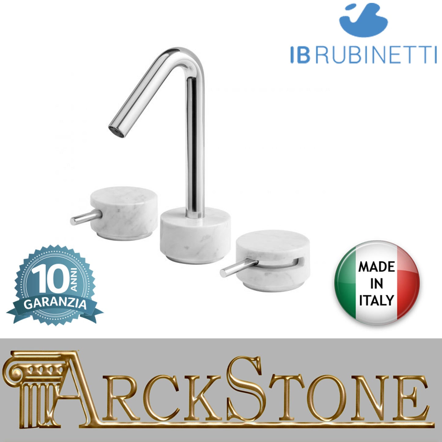 Miscelatore lavabo tre fori bocca bassa marmo bianco Carrara marca IB rubinetti modello Marmo rubinetteria rubinetto ottone cromato bagno fontana finitura cromo rivenditore autorizzato campania arredamento qualità made in italy garanzia 10 anni azienda