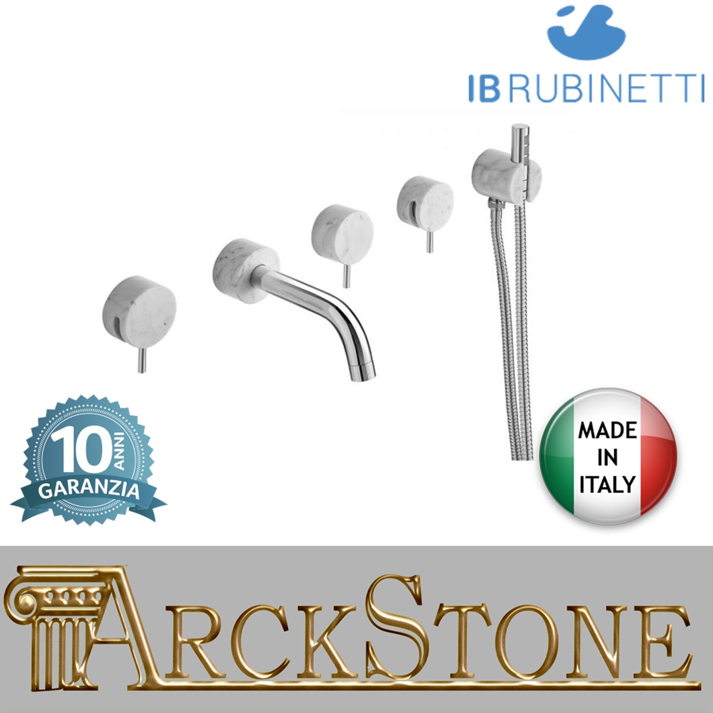 Batteria bordo vasca cinque fori a parete marmo bianco Carrara marca IB rubinetti modello Marmo rubinetteria rubinetto ottone cromato bagno fontana finitura cromo rivenditore autorizzato campania arredamento qualità made in italy azienda certificata