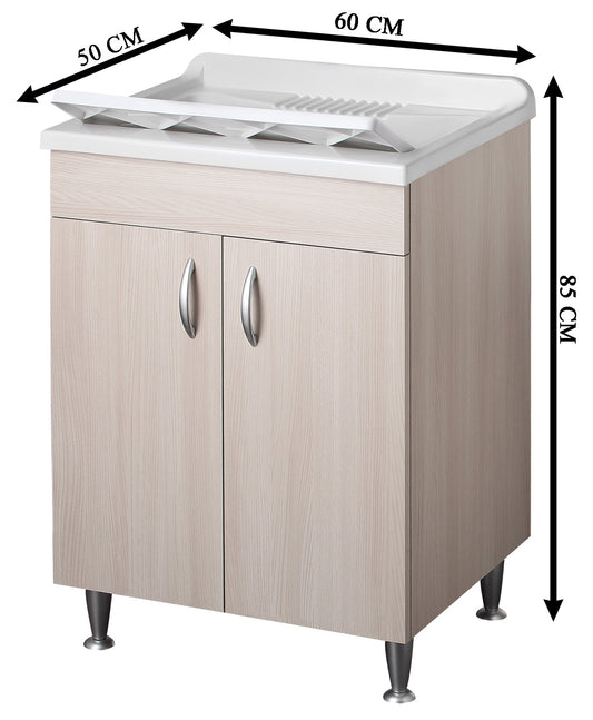 Negrari Eco Lavatoio Montato Misura 60x50 L60 P50 H85 CM Colore Olmo Interno Bagno Lavanderia Base Mobile Nobilitato Idrofugo Legno Vasca Asse Polipropilene Sifone Piedini Regolabili Ante Sportelli Battenti Economico Qualità Medio Alta