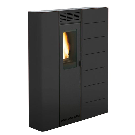 Stufa Pellet Salvaspazio Aria Calda Ventilata Canalizzabile Palazzetti Violetta 7 Potenza 7,4 KW Nero Slim Sottile Profondità Ridotta Da Corridoio