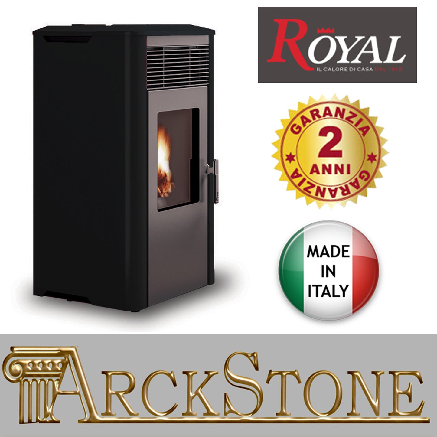 Stufa Pellet Aria Ventilata Marca Royal Palazzetti Ilena Air 60 Nero 6,7 Kw Economica Braciere Ghisa Alto Spessore Focolare Calore Ampio Cassetto Cenere Estraibile Rivestimento Acciaio Top Ceramica Display Comandi Sfioramento Orario Canalizzabile Esterna