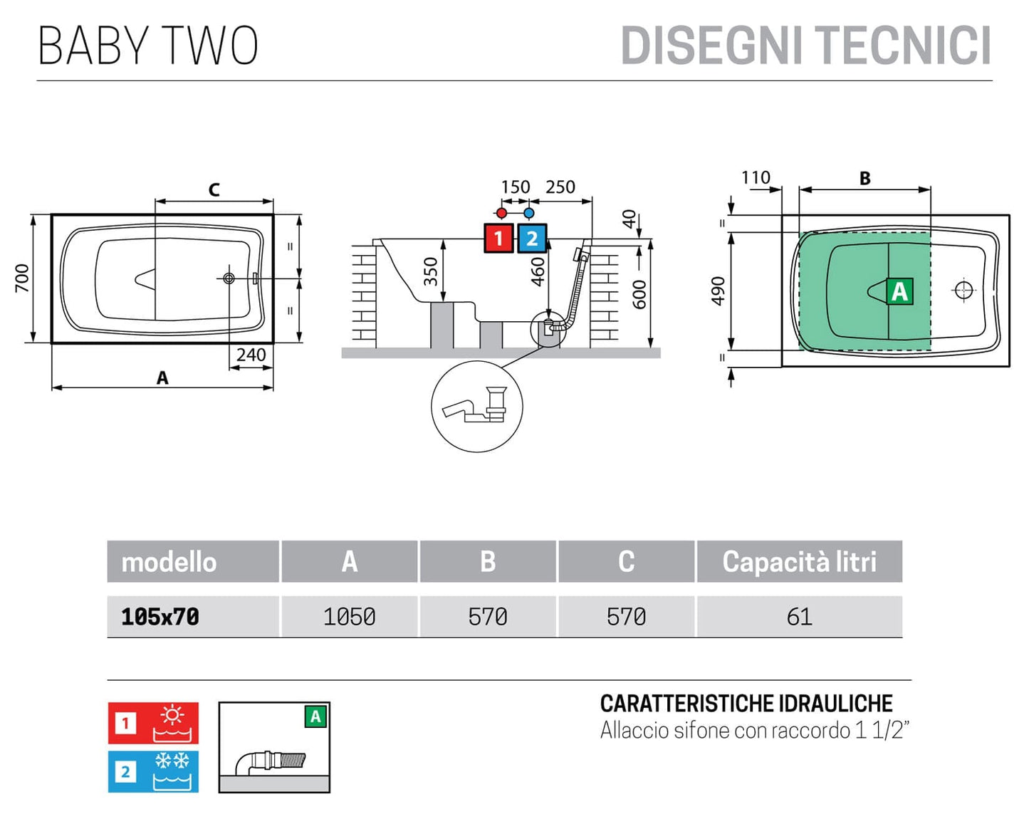 Novellini Baby Two da incasso misura 105x70x46h cm Capienza 61 Litri LT Arredo Vasca Vaschetta Mini Piccola Bagno Rettangolare Squadrata Guscio Tradizionale Acrilico Finitura Bianco Lucido Acqua Idrorepellente Seduta Sedile Appoggio Casa