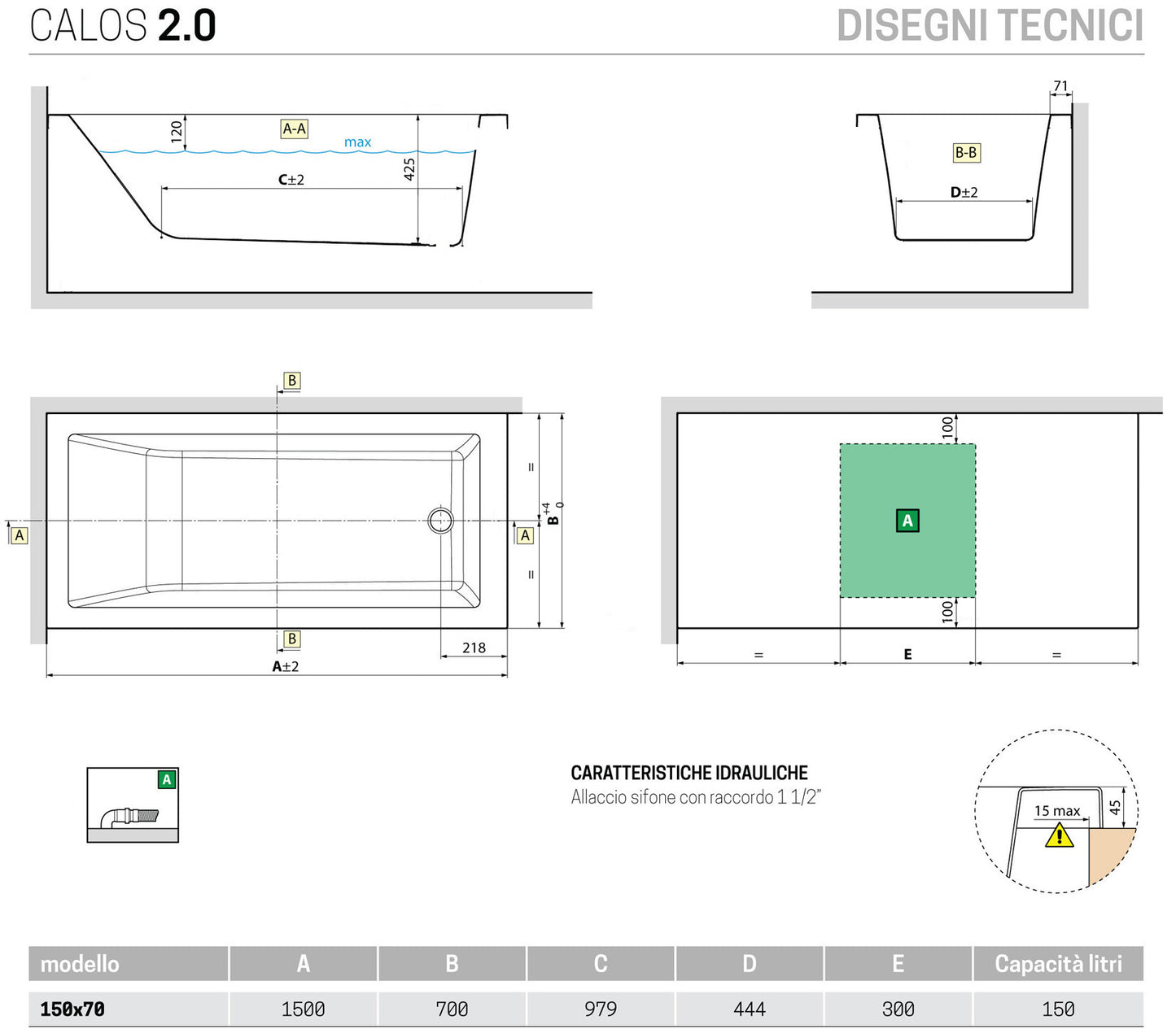 Novellini Calos 2.0 Arredo Vasca Vaschetta Bagno Rettangolare Standard da incasso misura 150x70x58 cm Capienza 150 Litri Squadrata Guscio Tradizionale Acrilico Finitura Bianco Lucido Acqua Idrorepellente Seduta Appoggio Casa Reversibile