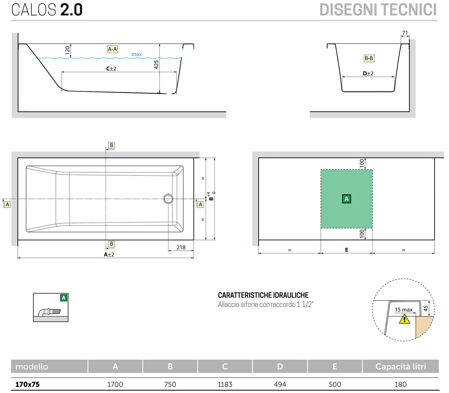Novellini Calos 2.0 Arredo Vasca Vaschetta Bagno Rettangolare Standard da incasso misura 170x75x58 cm Capienza 180 Litri Squadrata Guscio Tradizionale Acrilico Finitura Bianco Lucido Acqua Idrorepellente Seduta Appoggio Casa Reversibile