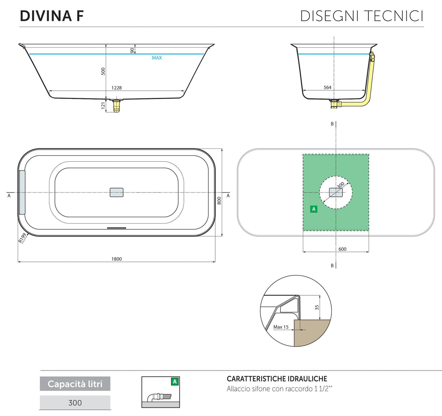 Novellini Divina F Vasca Bagno Standard Incasso Colore Finitura Bianco Lucida Rettangolare Misura Dimensioni 180x80 H63 cm Bordo Altezza 3,5cm Centro Stanza Casa Design Moderno Tradizionale Incassata Guscio Acrilico Poggiatesta Colonna Scarico Click-Clack