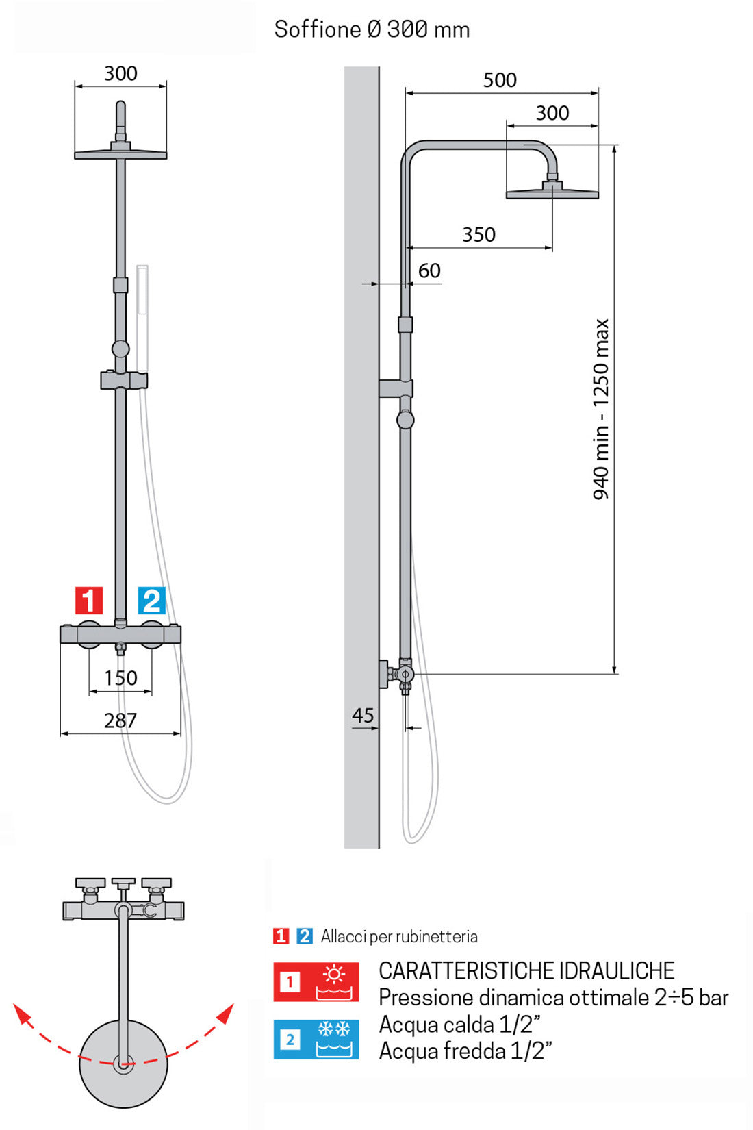Novellini Easy 2R Colonna Doccia Attrezzata Multifunzione Per Bagno Materiale Ottone Colore Nero Opaco Installazione Parete Miscelatore Termostatico Saliscendi Doccetta a Mano Tonda Flessibile Soffione Pioggia Rotondo Diametro Ø 300 mm Misura 29xH125 cm