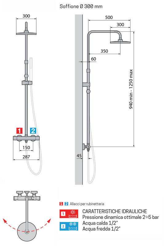 Novellini Easy 2R Colonna Doccia Attrezzata Multifunzione Per Bagno Materiale Ottone Colore Nero Opaco Installazione Parete Miscelatore Termostatico Saliscendi Doccetta a Mano Tonda Flessibile Soffione Pioggia Rotondo Diametro Ø 300 mm Misura 29xH125 cm