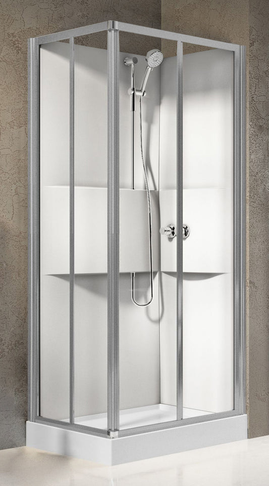 Novellini Media 2.0 A Standard 100x80 cm Cabina Doccia Multifunzione Asimmetrica Rettangolare Apertura 2 Ante Scorrevoli 2 Fisse Installazione Angolo Reversibile Miscelatore Termostatico Vetro Trasparente Profilo Silver Piatto Ripiani Doccetta Alto 210 cm