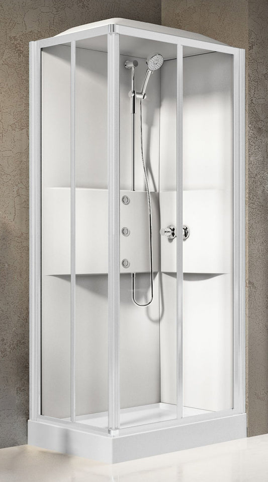 Novellini Media 2.0 A Idromassaggio Con Tettuccio e Soffione 90x70 cm Cabina Doccia Multifunzione Asimmetrica Rettangolare Apertura 2 Ante Scorrevoli 2 Fisse Montaggio Angolo Reversibile Miscelatore Meccanico Vetro Trasparente Profilo Bianco Altezza 226cm