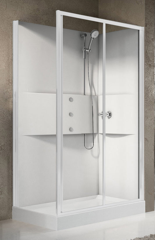 Novellini Media 2.0 2P Idromassaggio 120x80 cm Cabina Doccia Multifunzione Asimmetrica Apertura 1 Anta Scorrevole 1 Fissa Linea 1 Laterale Installazione Reversibile Miscelatore Termostatico Vetro Trasparente Profilo Bianco Piatto Ripiani Idro Alto 210 cm
