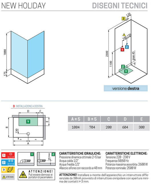 Novellini New Holiday 2P+F Idromassaggio 100x70 cm Cabina Doccia Multifunzione Apertura 1 Anta Scorrevole 1 Fissa Linea 1 Laterale Seduta Destra Miscelatore Termostatico Vetro Aqua Profilo Silver Piatto Ripiano Asta Doccetta Mano Rotopioggia Altezza 206cm