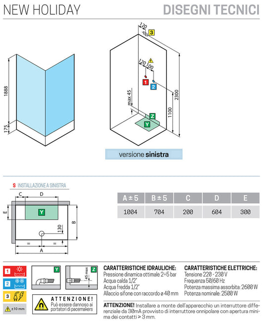 Novellini New Holiday 2P+F Idromassaggio 100x70 cm Cabina Doccia Multifunzione Apertura 1 Anta Scorrevole 1 Fissa Linea 1 Laterale Seduta Sinistra Miscelatore Meccanico Vetro Trasparente Profilo Silver Piatto Ripiano Doccetta Rotopioggia Altezza 206 cm
