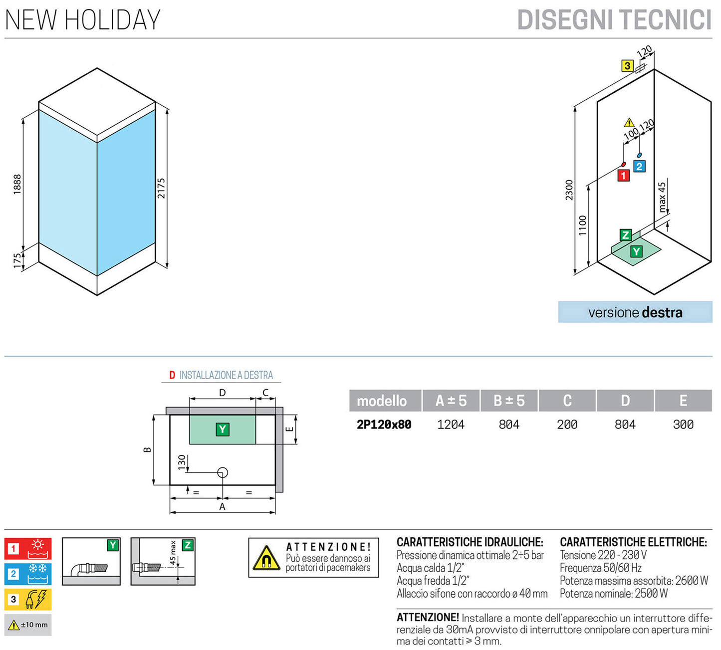 Novellini New Holiday 2P+F Idromassaggio Con Tettuccio e Soffione 120x80 cm Cabina Doccia Multifunzione Apertura 1 Anta Scorrevole 1 Fissa Linea 1 Laterale Reversibile Miscelatore Termostatico Vetro Aqua Profilo Bianco Rotopioggia Doccetta Altezza 217,5cm