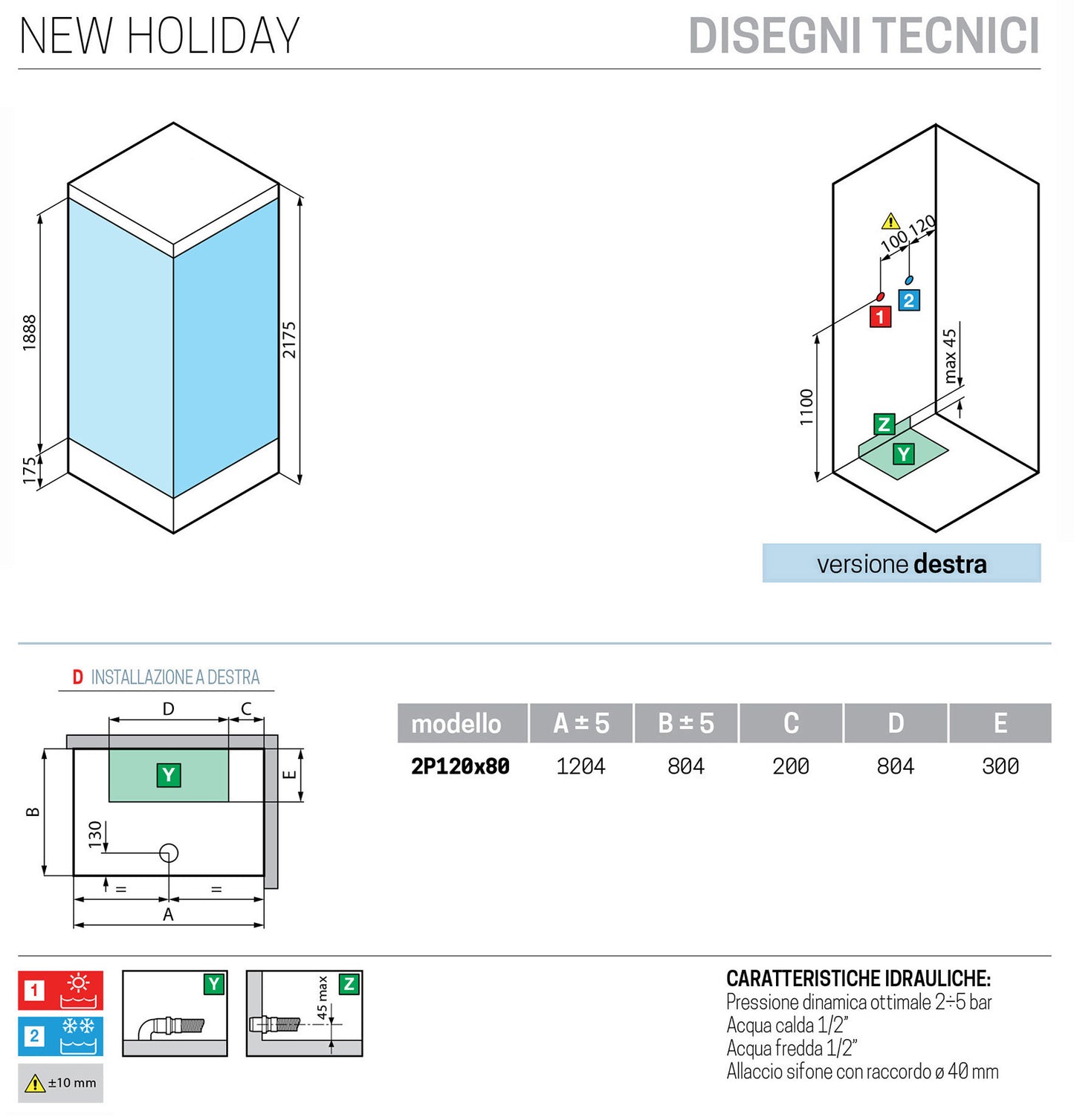 Novellini New Holiday 2P+F Standard Con Tettuccio 120x80 cm Cabina Doccia Multifunzione Apertura 1 Anta Scorrevole 1 Fissa Linea 1 Laterale Reversibile Miscelatore Termostatico Vetro Aqua Profilo Bianco Piatto Ripiani Asta Doccetta Seduta Altezza 217,5 cm