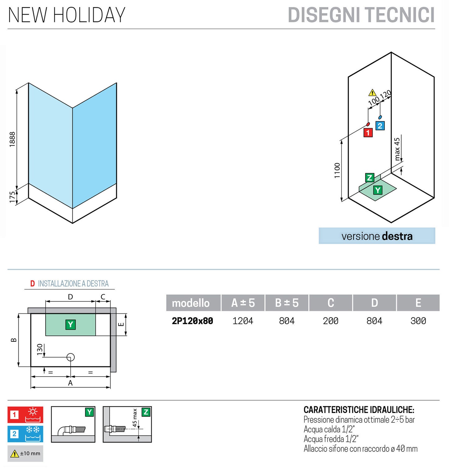 Novellini New Holiday 2P+F Standard 120x80 cm Cabina Doccia Multifunzione Apertura 1 Anta Scorrevole 1 Fissa Linea 1 Laterale Installazione Reversibile Miscelatore Meccanico Vetro Aqua Profilo Silver Piatto Ripiano Asta Doccetta Mano Seduta Altezza 206 cm