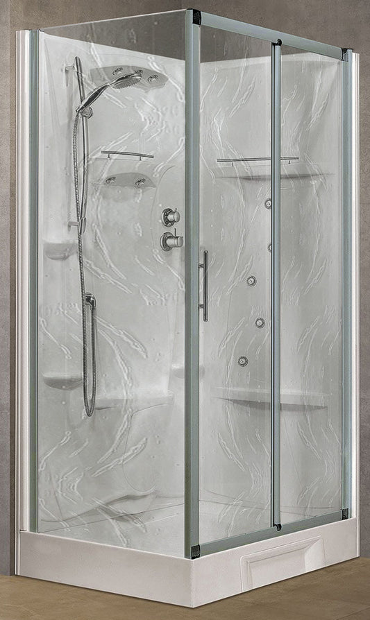 Novellini New Holiday 2P+F Idromassaggio 120x80 cm Cabina Doccia Multifunzione Apertura 1 Anta Scorrevole 1 Fissa Linea 1 Laterale Seduta Reversibile Miscelatore Termostatico Vetro Aqua Profilo Silver Piatto Ripiani Doccetta Mano Rotopioggia Altezza 206cm