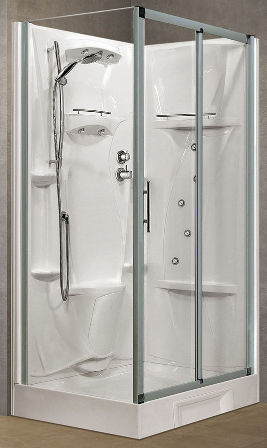 Novellini New Holiday 2P+F Idromassaggio 120x80 cm Cabina Doccia Multifunzione Apertura 1 Anta Scorrevole 1 Fissa Linea 1 Laterale Seduta Reversibile Miscelatore Termostatico Vetro Trasparente Profilo Silver Piatto Ripiani Doccetta Rotopioggia Alto 206 cm