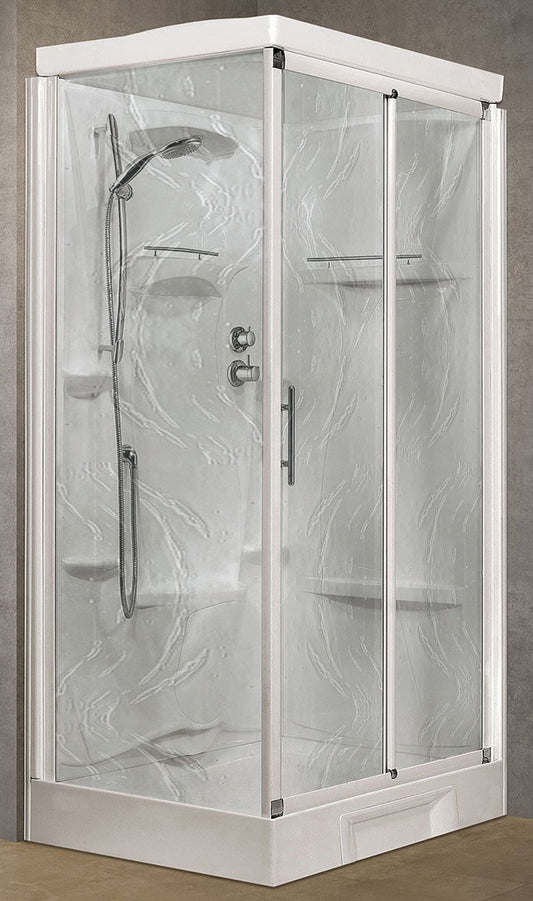 Novellini New Holiday 2P+F Standard Con Tettuccio 120x80 cm Cabina Doccia Multifunzione Apertura 1 Anta Scorrevole 1 Fissa Linea 1 Laterale Reversibile Miscelatore Meccanico Vetro Aqua Profilo Bianco Piatto Ripiani Asta Doccetta Seduta Altezza 217,5 cm