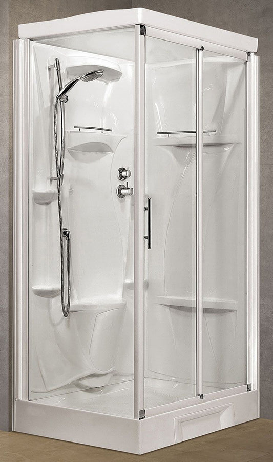 Novellini New Holiday 2P+F Standard Con Tettuccio 120x80 cm Cabina Doccia Multifunzione Apertura 1 Anta Scorrevole 1 Fissa Linea 1 Laterale Reversibile Miscelatore Termostatico Vetro Trasparente Profilo Bianco Piatto Ripiani Asta Doccetta Seduta H 217,5cm