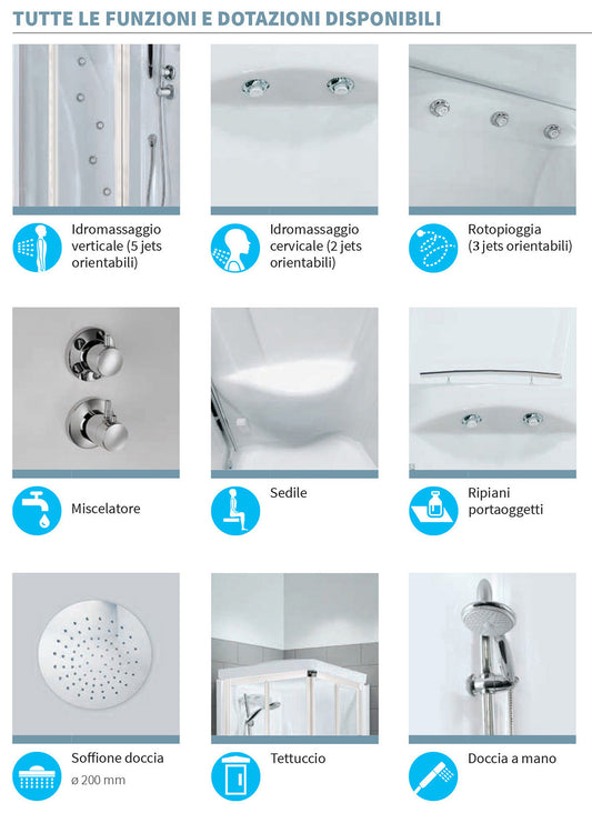 Novellini New Holiday 2P+F Idromassaggio Con Tettuccio e Soffione 100x70 cm Cabina Doccia Multifunzione Apertura 1 Anta Scorrevole 1 Fissa Linea 1 Laterale Seduta Sinistra Miscelatore Termostatico Vetro Aqua Profilo Bianco Rotopioggia Asta Altezza 217,5cm