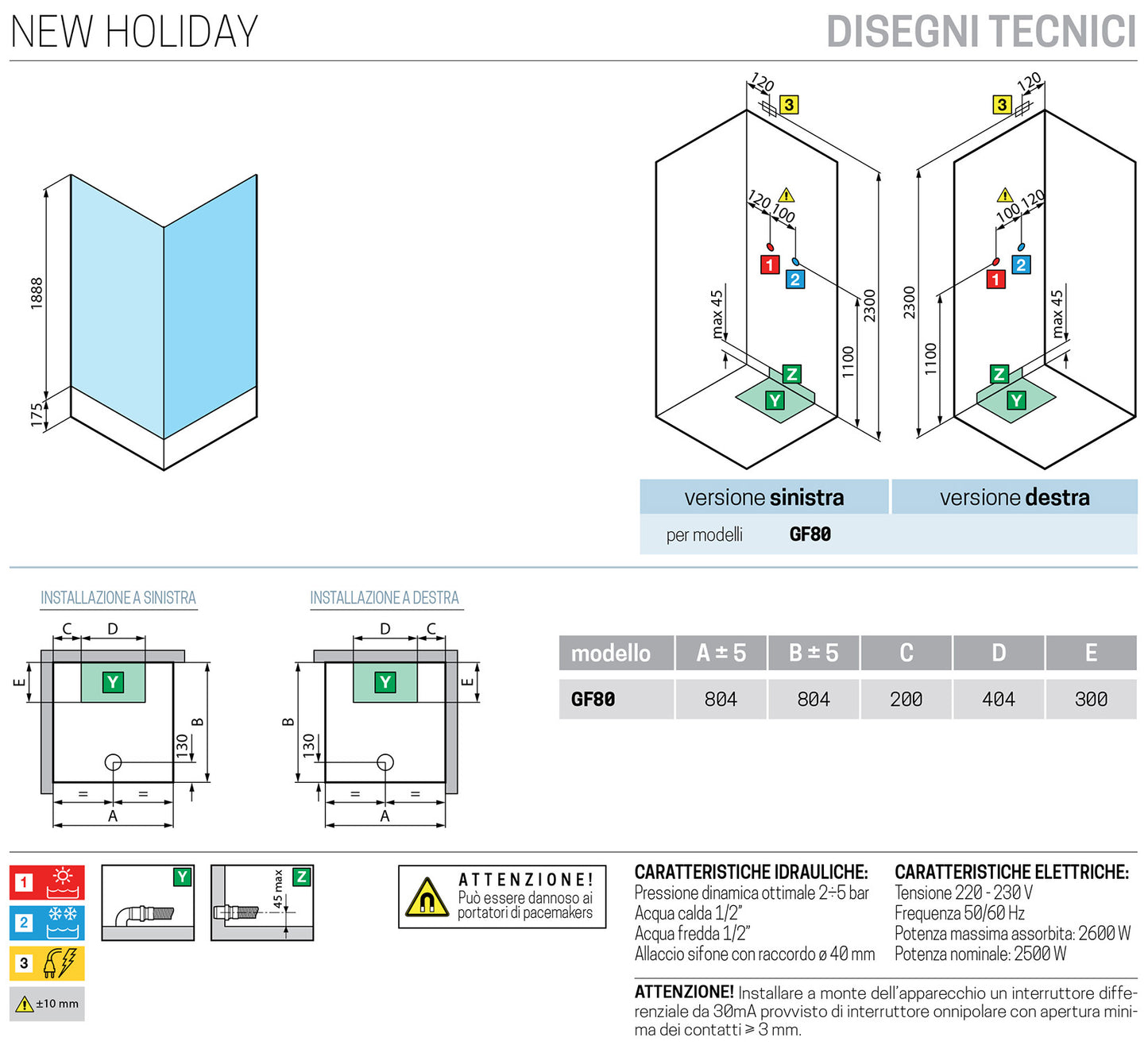 Novellini New Holiday GF80 Idromassaggio 80x80 cm Cabina Doccia Multifunzione Apertura 1 Anta Battente Con Fisso Laterale Pannelli Fondo Reversibili Miscelatore Termostatico Vetro Trasparente Profilo Bianco Piatto Ripiani Doccetta Rotopioggia Alto 206 cm