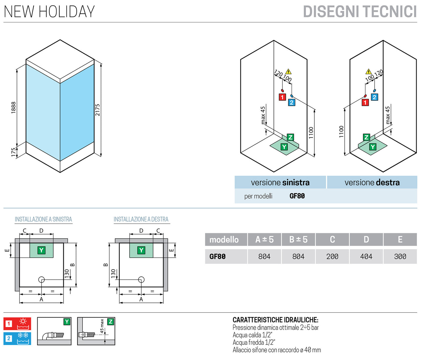 Novellini New Holiday GF80 Standard Con Tettuccio 80x80 cm Cabina Doccia Multifunzione Apertura 1 Anta Battente Con Fisso Laterale Pannelli Fondo Reversibili Miscelatore Meccanico Vetro Aqua Profilo Silver Piatto Ripiani Asta Doccetta Altezza 217,5 cm