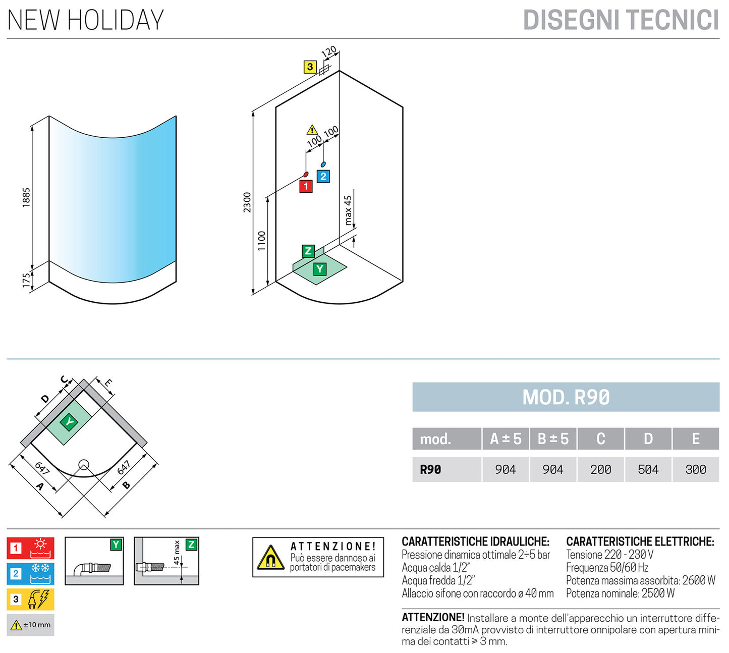 Novellini New Holiday R90 Idromassaggio 90x90 cm Cabina Doccia Multifunzione Semicircolare Apertura 2 Ante Scorrevoli 2 Fisse Angolo Destro Sinistro Miscelatore Termostatico Vetro Aqua Profilo Bianco Piatto Ripiani Doccetta Mano Rotopioggia Altezza 206 cm