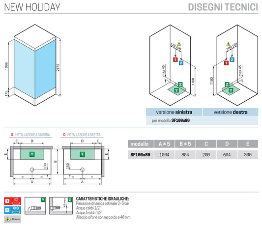 Novellini New Holiday SF Standard Con Tettuccio 100x80 cm Cabina Doccia Multifunzione Apertura 2 Ante a Soffietto Con Parete Fissa Laterale Reversibile Miscelatore Meccanico Vetro Trasparente Profilo Bianco Piatto Ripiani Asta Doccetta Seduta Alto 217,5cm