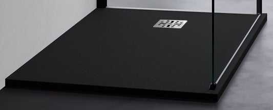 Novellini Novomatt Piatto Doccia 80x80 Spessore 3 cm Colore Nero Antracite Ultrapiatto Sottile Slim Forma Quadrata Installazione Appoggio Sagomabile Tagliabile Resistente Materiale Mineralsolid Superficie Texture Effetto Pietra Compreso Copripiletta