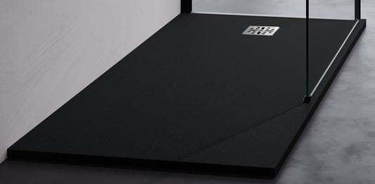 Novellini Novomatt Piatto Doccia 180x90 Spessore 3 cm Colore Nero Antracite Ultrapiatto Sottile Slim Forma Rettangolare Installazione Appoggio Sagomabile Tagliabile Resistente Materiale Mineralsolid Superficie Texture Effetto Pietra Compreso Copripiletta