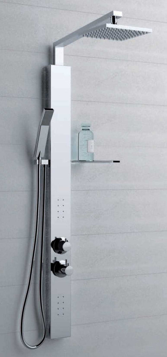 Novellini Revif Plus Colonna Doccia Attrezzata Idromassaggio Idro Arredo Bagno Installabile Parete Muro Acqua Idraulico Doccetta Mano Flessibile Soffione Portaoggetti Pioggia Miscelatore Meccanico Finitura Acciaio Inox Cromato Cromo Super Mirror