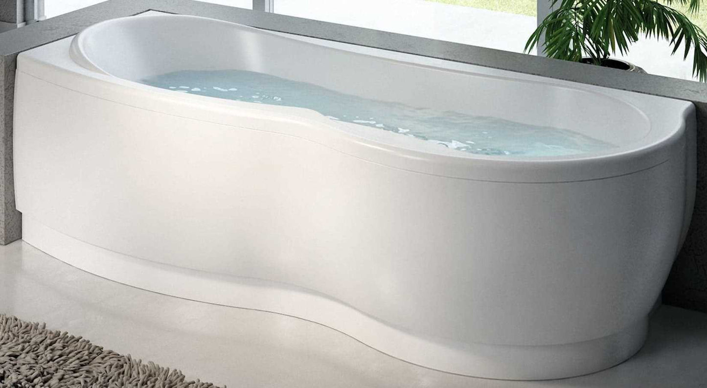 Novellini Venus Vasca da Bagno Versione Standard Con Telaio Misura 180x80 / 85 H55 cm Forma Esterna Tonda Curva Semicircolare Asimmetrica Interna a Otto Installazione Angolare Sinistra SX Pannello Frontale Colonna Materiale Acrilico Finitura Bianco Lucido