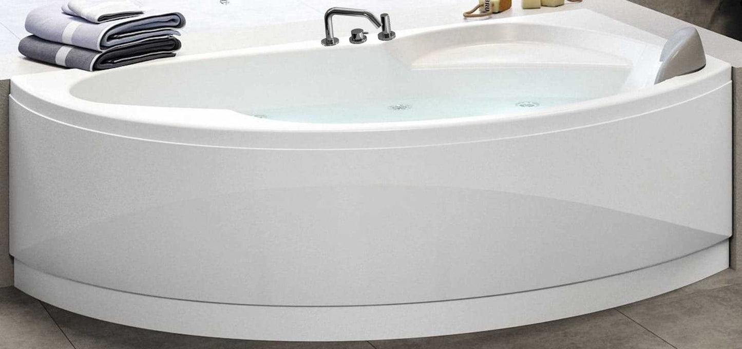 Novellini Vogue Vasca da Bagno Versione Hydro Misura 165X85 H55cm Idro Whirlpool 7 Jets Forma Esterna Tonda Curva Semicircolare Asimmetrica Interna Ovale Installazione Angolo Destra DX Pannello Colonna Rubinetteria Cuscino Materiale Acrilico Colore Bianco