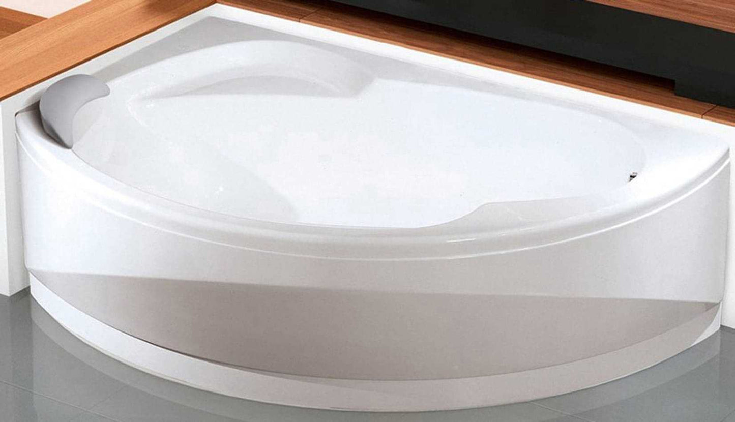 Novellini Vogue Vasca da Bagno Versione Standard Con Telaio Misura 150x85 H55 cm Forma Esterna Tonda Curva Semicircolare Asimmetrica Interna Ovale Installazione Angolo Sinistra Pannello Frontale Erogatore Cuscino Materiale Acrilico Finitura Bianco Lucido