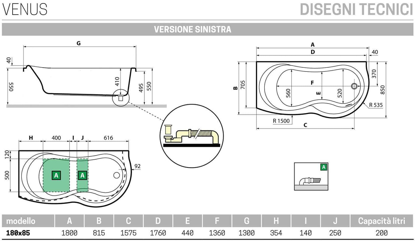 Novellini Venus Vasca da Bagno Versione Standard da Incasso Misura 180x80 / 85 H55 cm Guscio Tradizionale da Rivestire Installazione Angolo Sinistra Forma Esterna Curva Tonda Semicircolare Asimmetrica Interna a Otto Materiale Acrilico Colore Bianco Lucido