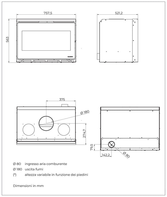 Palazzetti Ecopalex GTM80 Inserto Camino Caminetto Da Inserimento Legna Aria Calda Convezione Naturale Canalizzabile Potenza 12,4 Kw Focolare Thermofix® Base Ghisa Maniglia Amovibile Cassetto Cenere Estraibile Deflettore Fumi Automatico Misura 76x52x56 cm