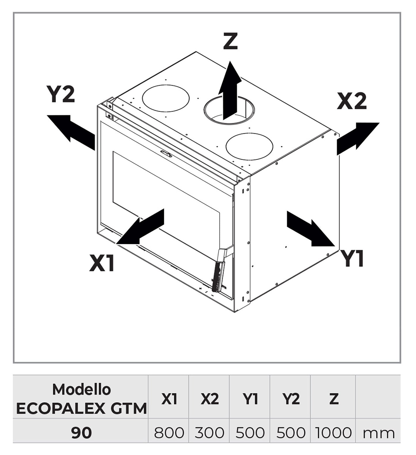 Palazzetti Ecopalex GTM90 Inserto Camino Caminetto Da Inserimento Legna Aria Calda Convezione Naturale Canalizzabile Potenza 13,5 Kw Focolare Thermofix® Base Ghisa Maniglia Amovibile Cassetto Cenere Estraibile Deflettore Fumi Automatico Misura 83x59x63 cm