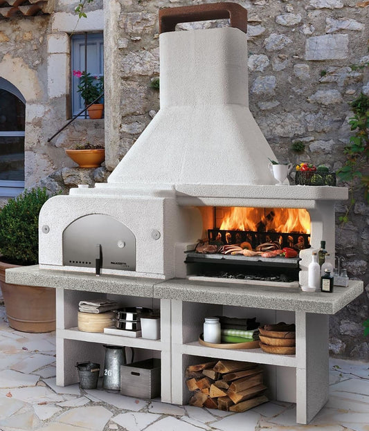 Palazzetti in Giardino Gargano 3 Con Forno e Top Grigio Barbecue Legna Carbonelle Focolare Rinforzato Cemento Refrattario Piano Cottura Focolare Rinforzato Area Grill Cassetto Cenere Braciere Sottocappa Incluso Kit Montaggio e Verniciatura 204x95 H267 cm
