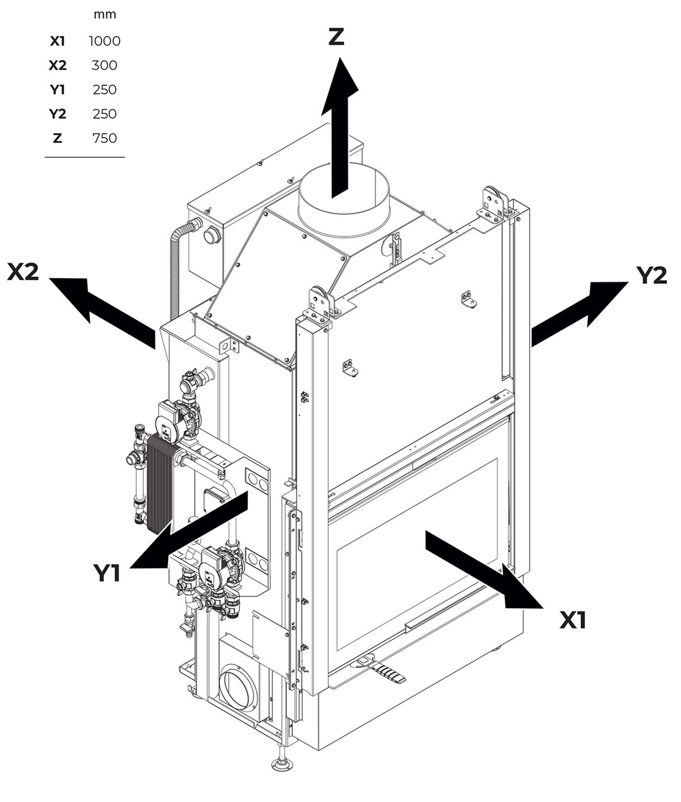 Palazzetti HWT S78F FASTL Frontale Termocamino Ecomonoblocco Legna Riscaldamento Acqua Radiatori Potenza 34,3 Kw Vaso Aperto Acciaio Focolare Refrattario Thermofix® Apertura Porta Scorrimento Ribalta Gruppo Idraulico SX Separazione Impianto 106x69x171 cm