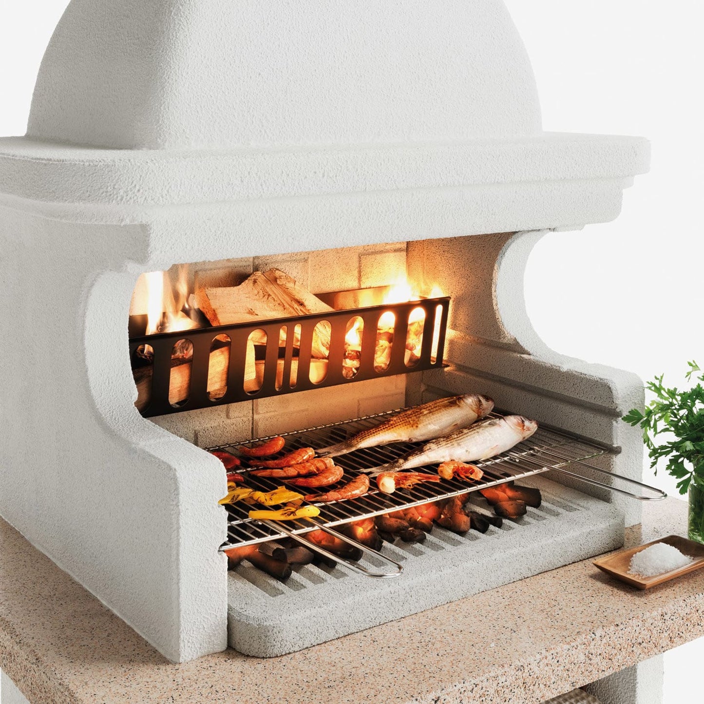 Palazzetti in Giardino Andros 3 Con Top Marmotech Rosso Barbecue Legna Carbonelle Cemento Refrattario Da Verniciare Area Grill Braciere Portalegna Sottocappa Metallica Griglia Cottura Incluso Kit di Montaggio e Verniciatura Misura 118x92 H253 cm 820 kg