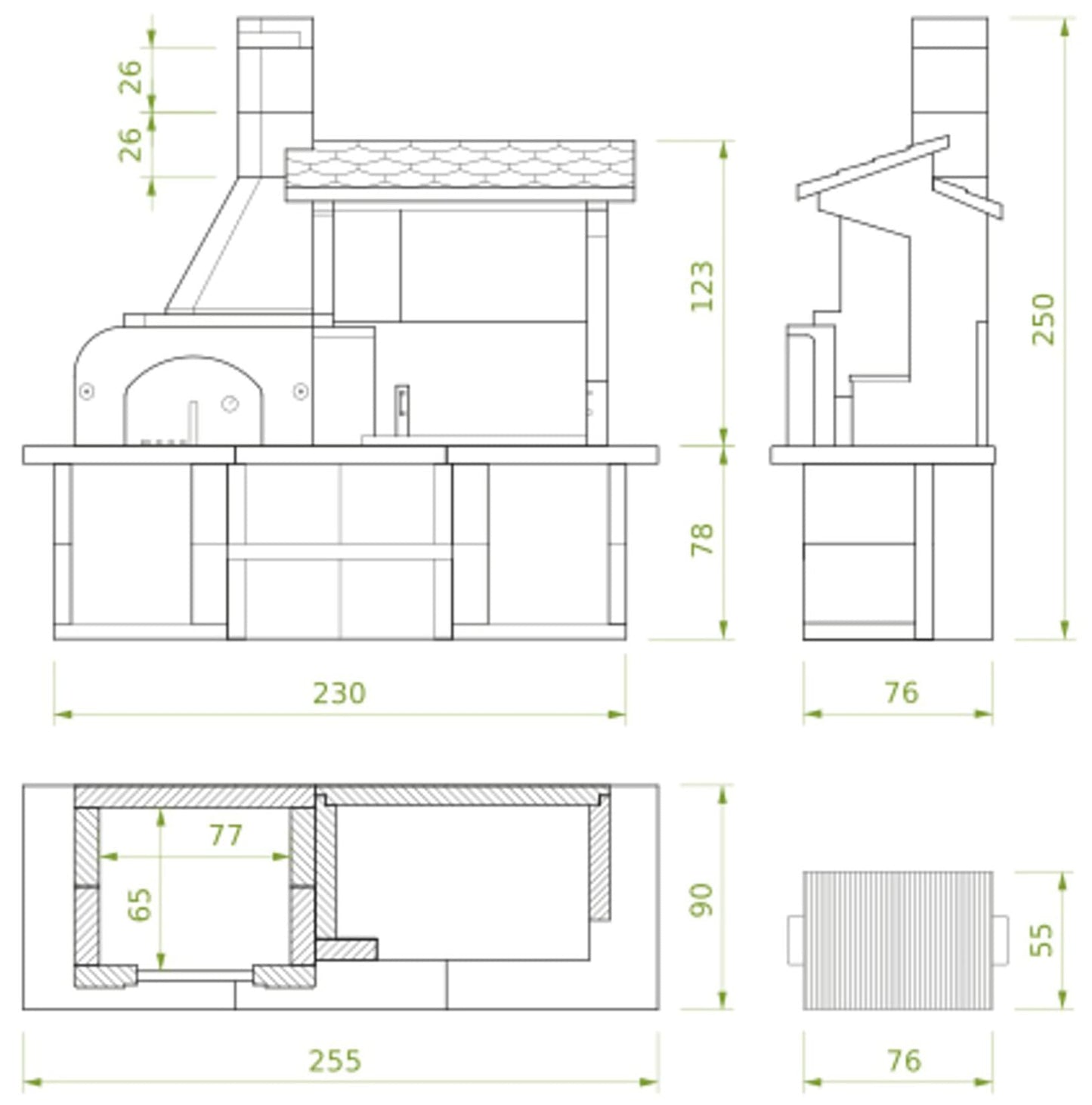 Palazzetti in Giardino Antille 2 Barbecue Legna Carbonelle Forno Cemento Refrattario Da Verniciare Piano Cottura Porta Acciaio Focolare Braciere Laterale Area Grill Top Marmotech Antine Inox Cappa Incluso Kit Montaggio e Verniciatura Misura 255x90 H250 cm