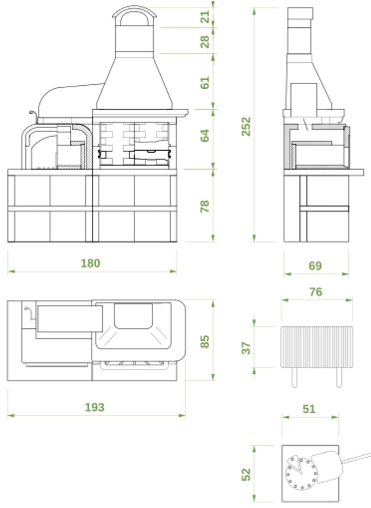 Palazzetti in Giardino Malibù 2 Barbecue a Legna e Carbonelle Versione Grezza Materiale Cemento Refrattario e Marmotech Da Verniciare Con Cappa e Grill a Destra e Forno a Sinistra Misura 180x85x253h cm Incluso di Kit di Montaggio