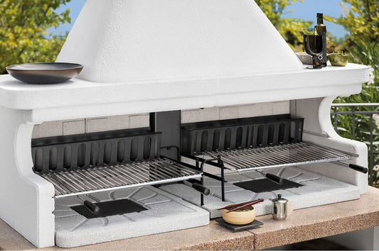 Palazzetti in Giardino Miami 3 Barbecue Carbonelle Legna Cemento Refrattario Da Verniciare 2 Focolari Rinforzati Aree Grill Cassetto Braciere Sottocappe Griglia Cottura Top Marmotech Basamenti Schienali Incluso Kit Verniciatura Montaggio 204x95 H267 cm