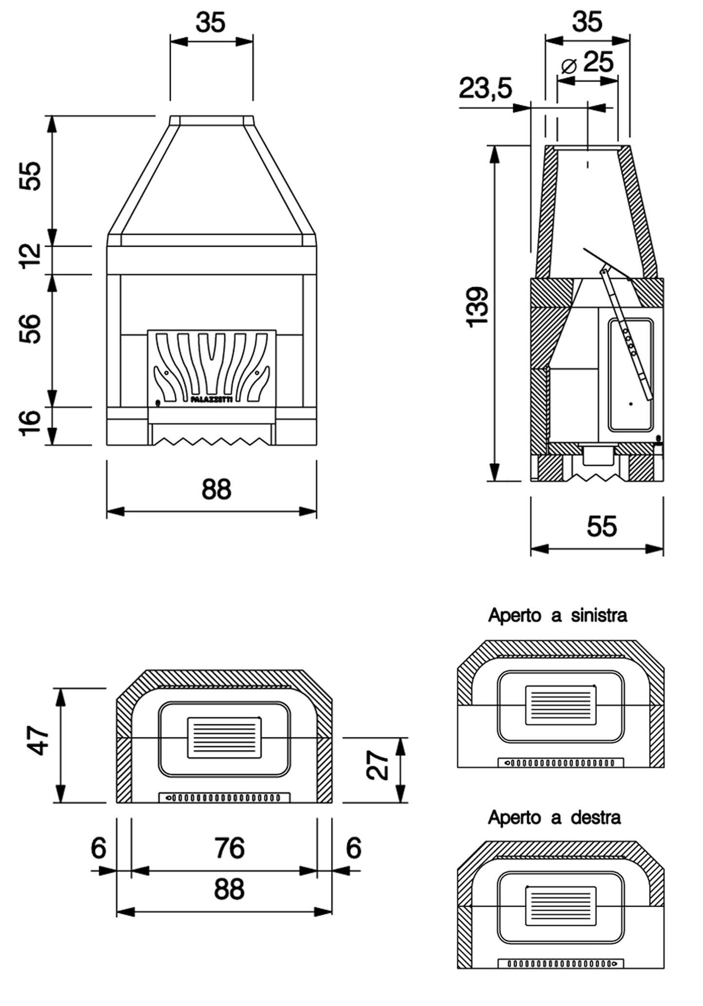 Palazzetti In Giardino Patio 78 R Barbecue Focolare Aperto Camino a Legna e Carbonelle Aria Naturale in Cemento Refrattario Registro Fumi Cassetto Cenere Griglia Paretina Posteriore Ghisa Apertura Frontale Destra Sinistra Misura 88x55 H139 cm 12,9 Kw