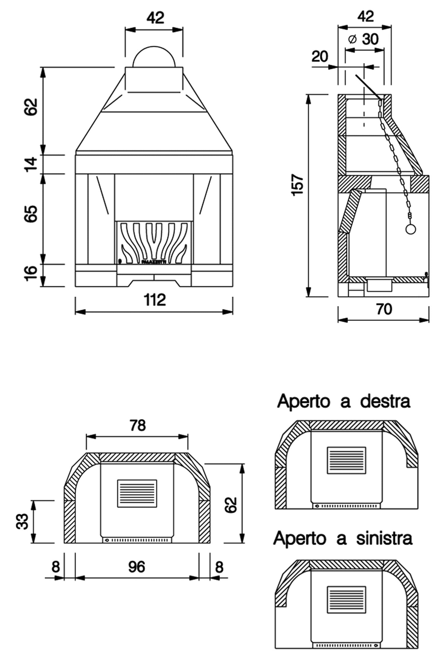 Palazzetti In Giardino Patio 96 R Barbecue Focolare Aperto Camino Legna Carbonelle Aria Naturale in Cemento Registro Fumi Cassetto Cenere Griglia Paretina Posteriore Ghisa Portalegna Apertura Frontale Destra Sinistra Misura 112x70 H157 cm Potenza 15,7 Kw